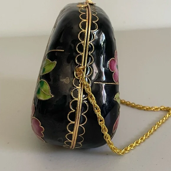 Cloisonné Purse Handbag Trinket Box Black Pink Flowers 3.5" - Picture 2 of 10